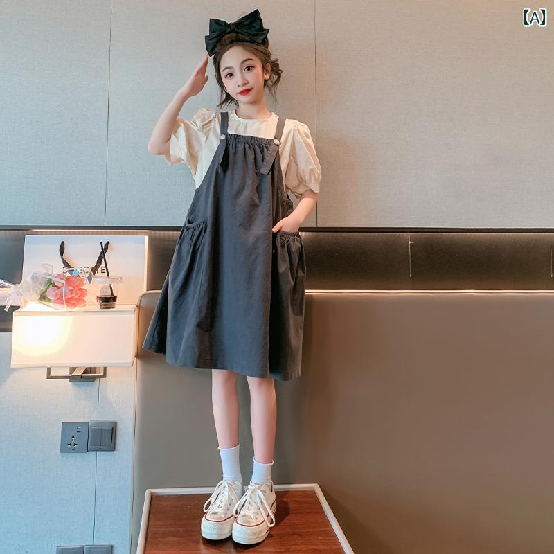 女の子 ファッション キッズ ドレス 夏 薄手 涼しい 子供 サスペンダー スカート 2点 セット プリンセス スカート 子供