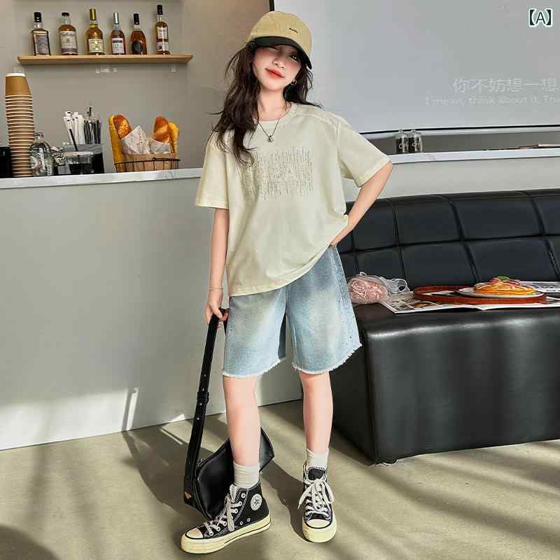 子供服 女の子 セットアップ おしゃれ カジュアル デニム トップス 半袖 夏 薄手 涼しい 韓国 ショートパンツ 2点 セット Tシャツ