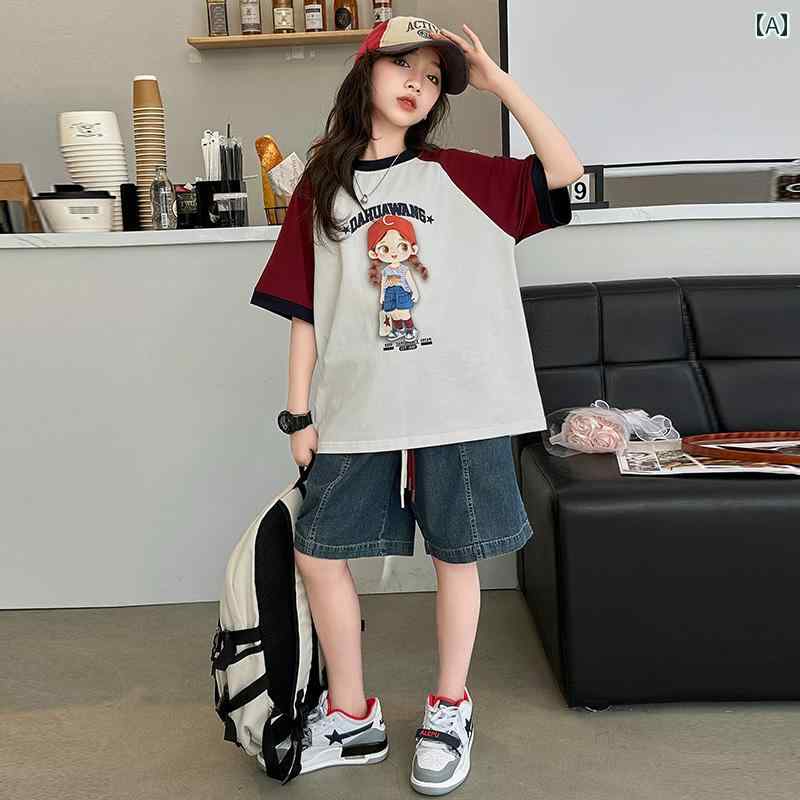 子供服 女の子 セットアップ おしゃれ カジュアル デニム トップス ショートパンツ 夏 薄手 涼しい 半袖 2点 セット トレンディ ウェア
