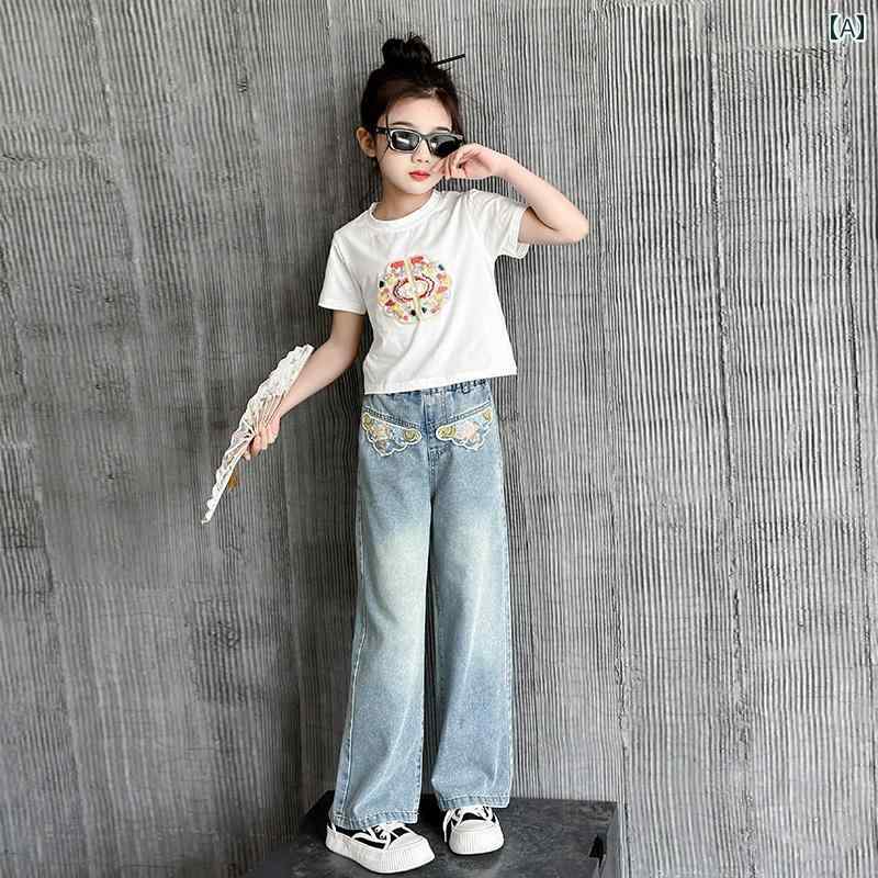 子供服 女の子 セットアップ おしゃれ カジュアル デニム トップス 半袖 夏 薄手 涼しい ワイドレッグ パンツ 2点 セット ストレート パンツ