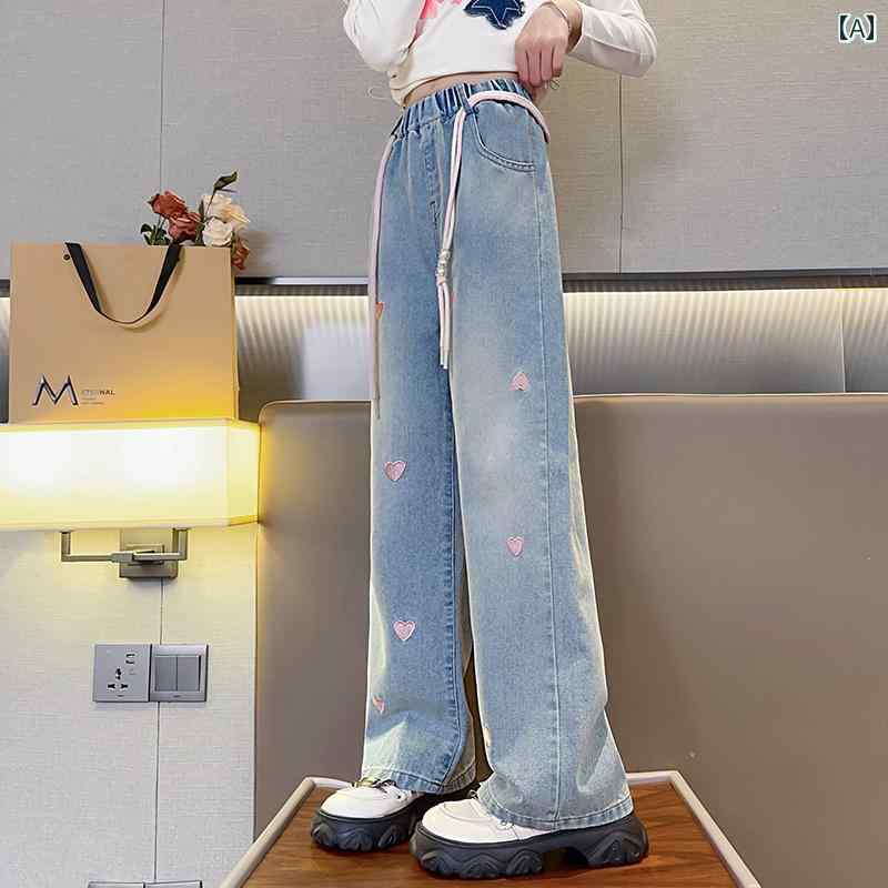 デニム パンツ 女の子 カジュアル おしゃれ キッズ 子供 ワイドレッグ 春秋 アウターウェア ストレート ゆったり 韓国