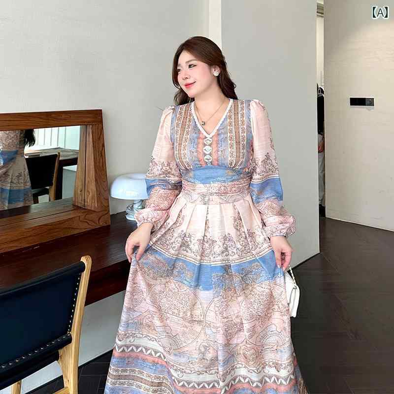 ぽっちゃり ワンピース レディース ファッション 上品 花 大きめサイズ 秋 ドレス ガール フランス ティーブレイク ロング ドレス