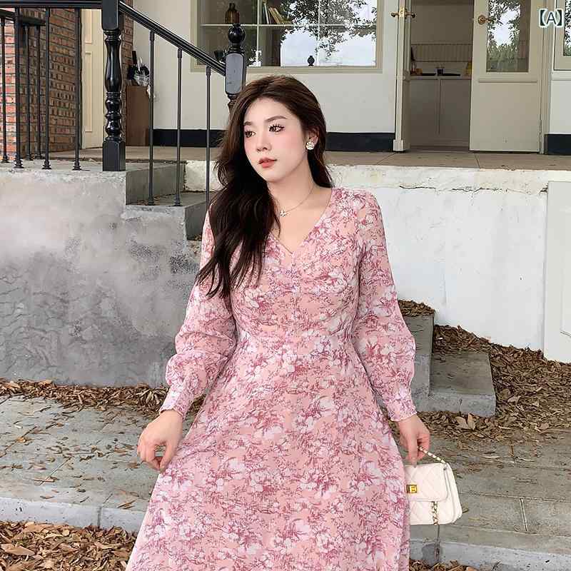 ぽっちゃり ワンピース レディース ファッション 上品 花 大きめサイズ 秋 フランス 優しい ドレス 少女 シフォン 花柄 ティー ブレーク ドレス｜おうち健康生活