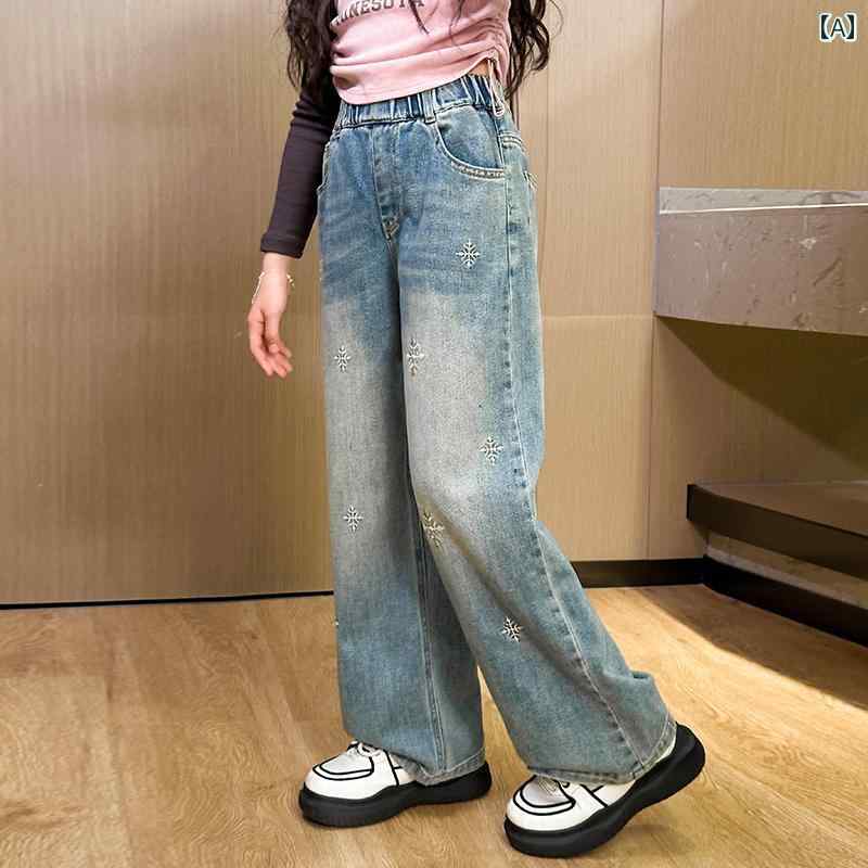 デニム パンツ 女の子 カジュアル おしゃれ キッズ 子供 ワイドレッグ 春秋 ストレート 春