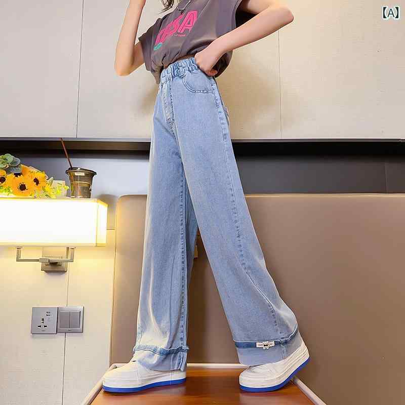 女の子 パンツ デニム カジュアル おしゃれ 夏 薄手 涼しい テンセル 子供 ワイドレッグ 韓国 子供 ジーンズ
