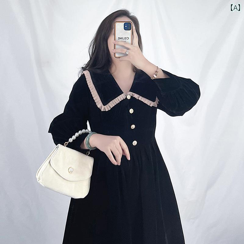 ぽっちゃり ワンピース レディース ファッション 上品 大きいサイズ 婦人服 春秋 フランス レトロ 人形 襟 ドレス ウエスト 締める スカート｜おうち健康生活