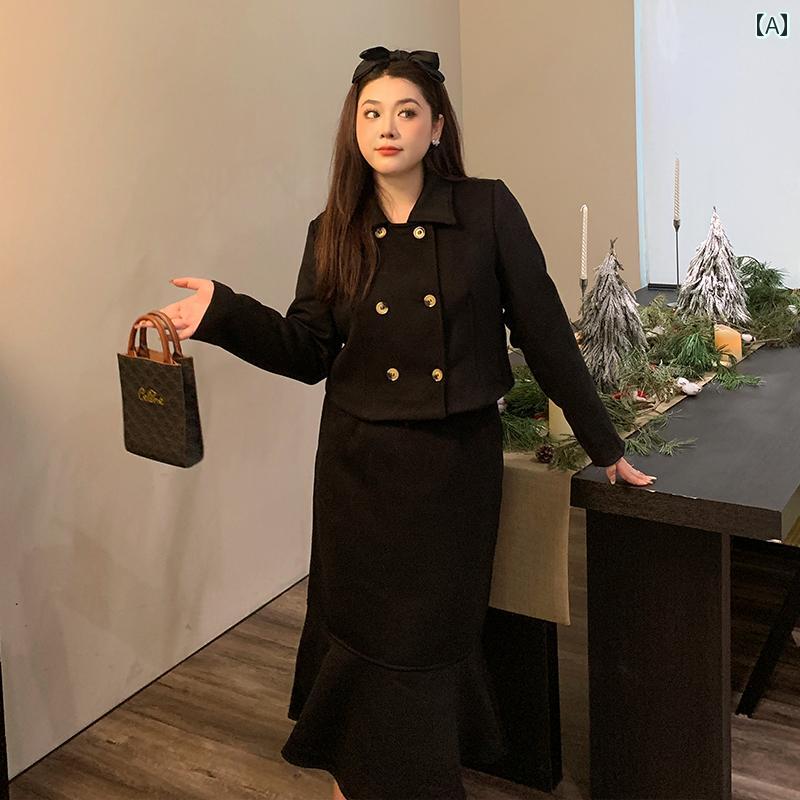 ぽっちゃり ファッション レディース おしゃれ 体型カバー フィッシュテール スカート セットアップ 大きいサイズ フレンチ ウール トップス 2点 セット