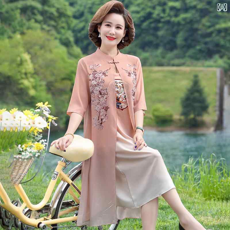 ミセス ファッション 婦人服 体型カバー 上品 淑女 レディース 夏 チャイナ ドレス 夏 大きいサイズ チャイナ ドレス シフォンスカート