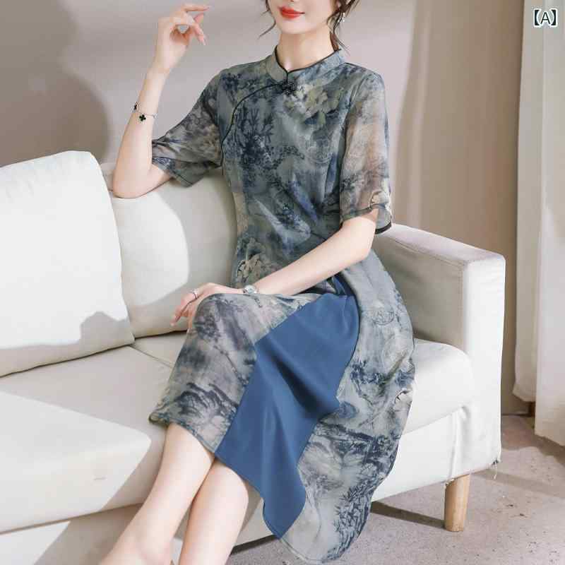 ミセス ファッション 婦人服 体型カバー 上品 淑女 レディース 夏 ドレス チャイナ 夏 レトロ チャイナ ドレス スカート