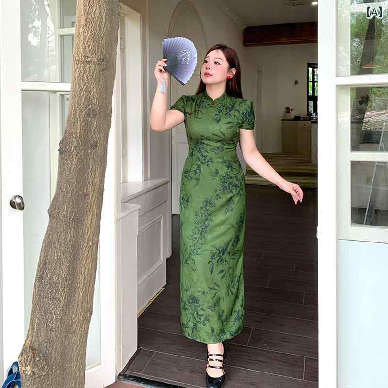 ぽっちゃり ワンピース レディース ファッション 上品 花 大きめサイズ 中国 ジャカード チャイナ ドレス スカート 夏 瞑想 ドレス