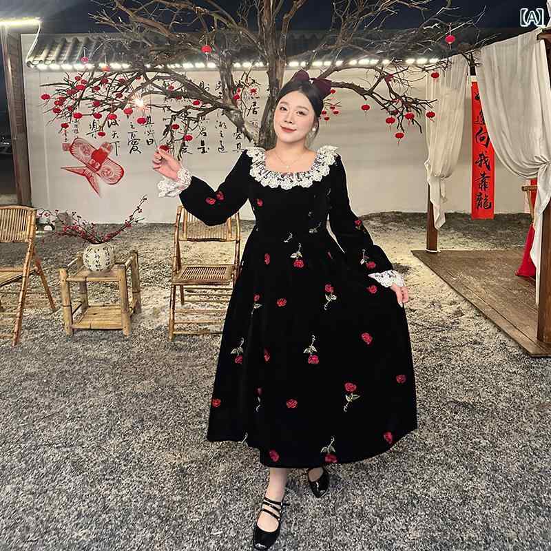 ぽっちゃり ワンピース レディース ファッション 上品 花 大きめサイズ フレンチ レトロ ローズ 刺繍 ドレス スリミング 起毛 スカート|おうち健康生活