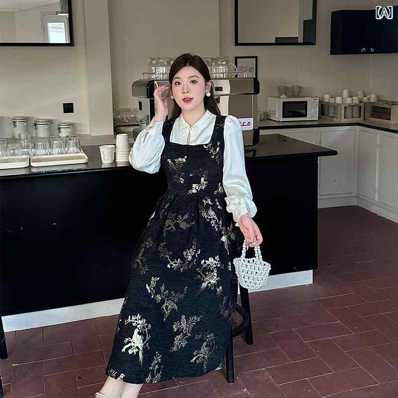 ぽっちゃり ワンピース レディース ファッション 上品 花 大きめサイズ チャイナ風 フェイク セットアップ ドレス スリム 刺繍 ロング スカート