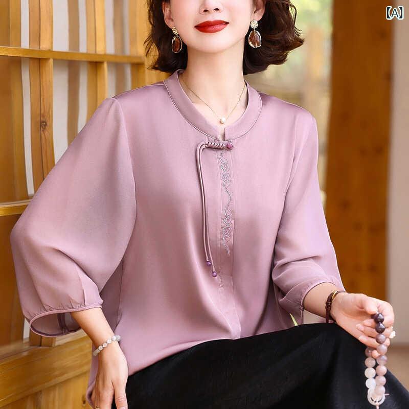ミセス ファッション 婦人服 体型カバー 上品 淑女 レディース 真 チャイナ風 夏 ドレス 小さめ シャツ 春夏 七分袖 Tシャツ シフォン トップス