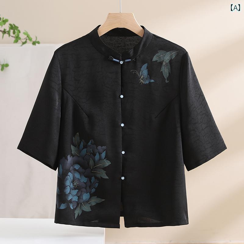 ミセス ファッション 婦人服 体型カバー 上品 淑女 レディース 夏 チャイナ シャツ セットアップ 七分袖 エスニック 唐 セットアップ