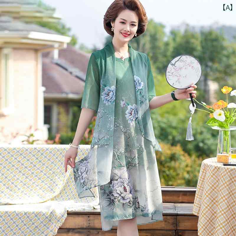 ミセス ファッション 婦人服 体型カバー 上品 淑女 レディース 真 夏 ドレス 高貴 スタイリッシュ 夏 ドレス チャイナ スカート｜おうち健康生活