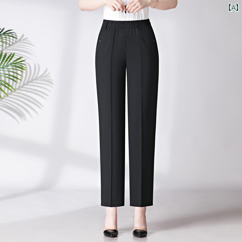 レディース ファッション シンプル オフィス 普段使い 夏 パンツ 細 九分丈 パンツ シンプル ストレート パンツ 通気性 快適 ゴム ウエスト パンツ カジュアル パンツ｜おうち健康生活