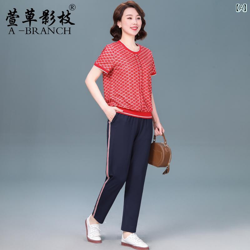 ミセス ファッション 婦人服 体型カバー 上品 淑女 レディース 半袖 スポーツウェア 夏 セットアップ 大きいサイズ カジュアル 2点 セット