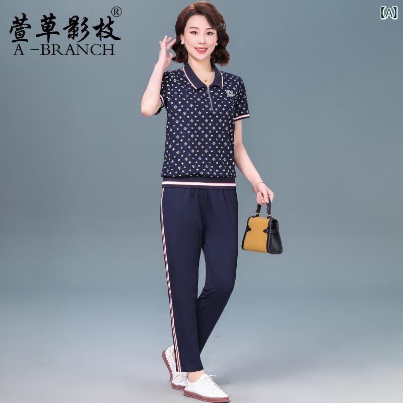 ミセス ファッション 婦人服 体型カバー 上品 淑女 レディース 大きいサイズ 夏 スポーツ セットアップ 半袖 Tシャツ カジュアル 2点 セット