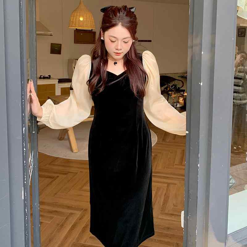 ぽっちゃり ワンピース レディース ファッション 上品 花 大きいサイズ フレンチ レトロ ドレス 体型カバー スリム 起毛 スカート｜おうち健康生活