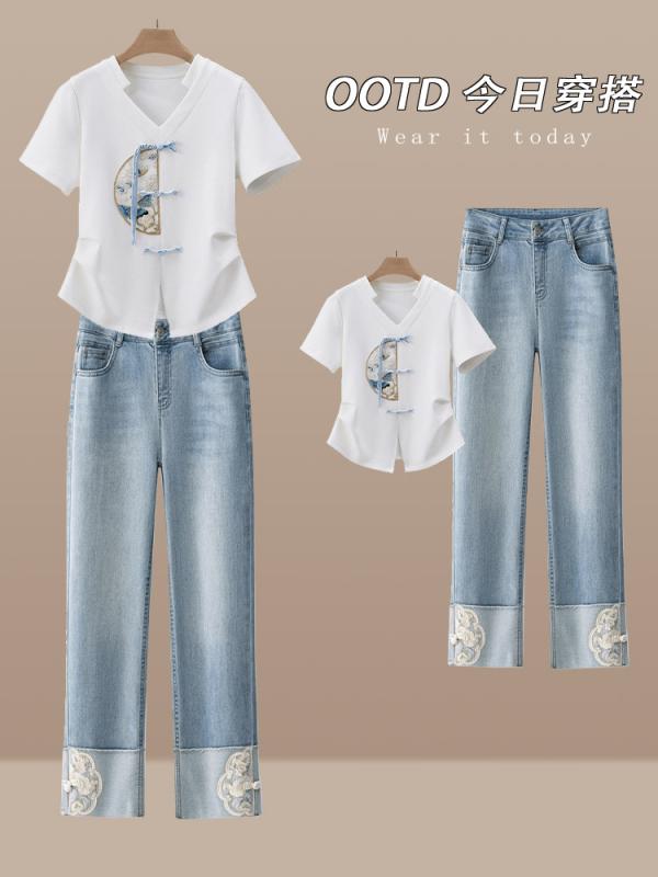 レディース ファッション カジュアル おしゃれ チャイナ風 ジーンズ セットアップ 夏 Tシャツ 九分丈 ストレート パンツ 点 セット