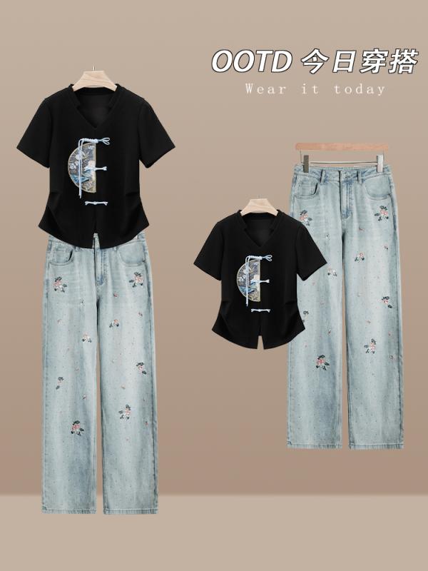 レディース ファッション カジュアル おしゃれ 夏 チャイナ風 スリム 半袖 Tシャツ 夏 ワイドレッグ ジーンズ 点 セット