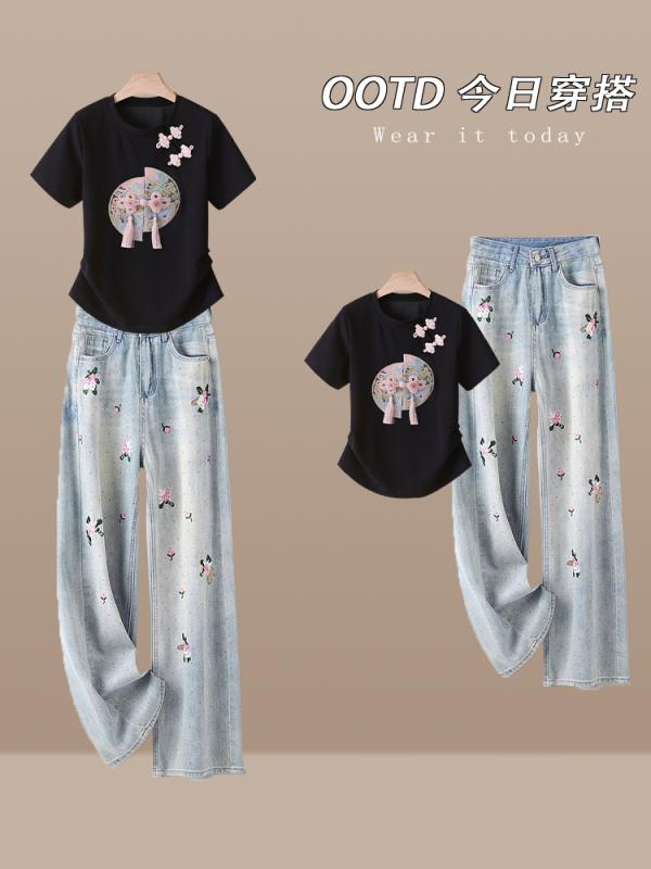 レディース ファッション カジュアル おしゃれ 夏 トレンド セットアップ 夏 半袖 刺繍 Tシャツ トップス ストレート ジーンズ 接合