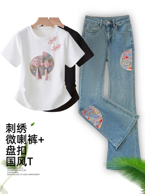 レディース ファッション おしゃれ レトロ パール プレート バックル 中国 プレート バックル スリム 半袖 ハイウエスト ストレッチ 刺繍 ブーツ パンツ セットアップ