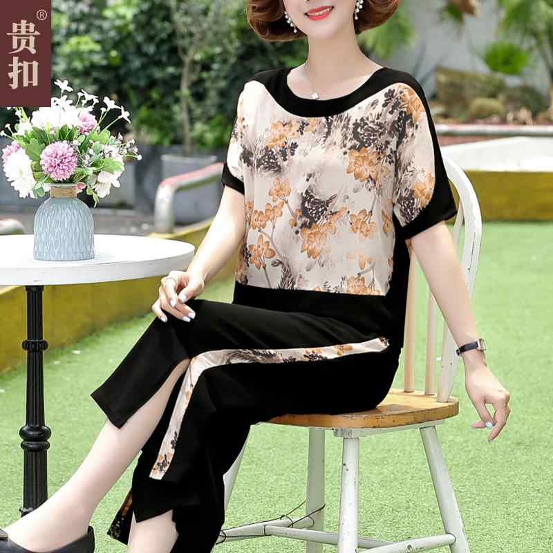 婦人服 セットアップ 上品 マダム レディース 夏 シフォン 夏 大きいサイズ 半袖 Tシャツ トップス 2点