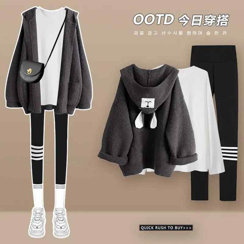 レディース ファッション 春 大きいサイズ 韓国 ニット ジャケット 起毛 シャーク パンツ 3 ピース トレンディ セット