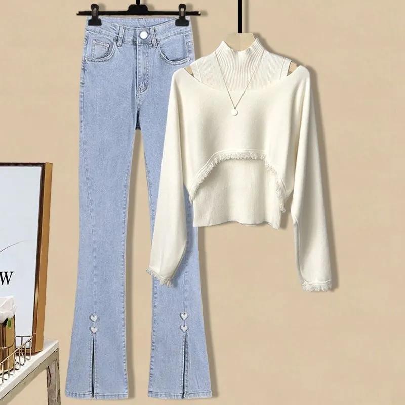 レディース 流行り物 春 服 タートルネック より良い 長袖 スウェーター か細い 太陽フレア デニム