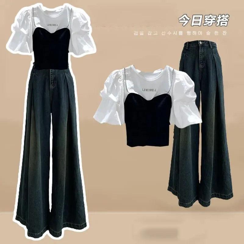 セットアップ レディース 夏 スリム デニム ワイドレッグ パンツ フェイク シャツ