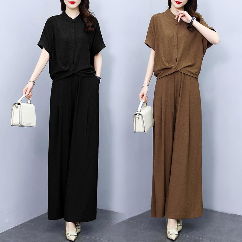 セットアップ レディース シフォン ファッション 夏 スリム 体型カバー 半袖 ワイドレッグ パンツ 2点セット