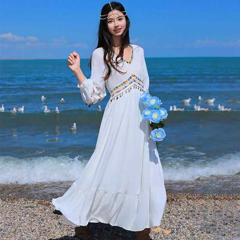ワンピース レディース 体型カバー ファッション 観光 エスニック 白 ドレス 夏 写真 フェアリー 海辺 休暇 ビーチ ドレス|おうち健康生活