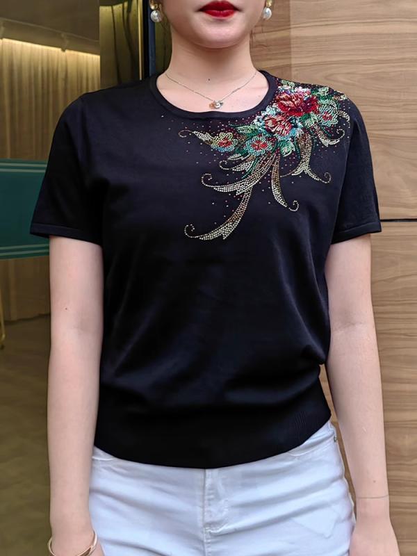 お上さん服 流行り物 レディース 今めかしい 雅びやか 夏 ビーズ プルオーバー トップス ひんやり 冷やりとした スウェーター  ゆったり 気が大きい大きさ