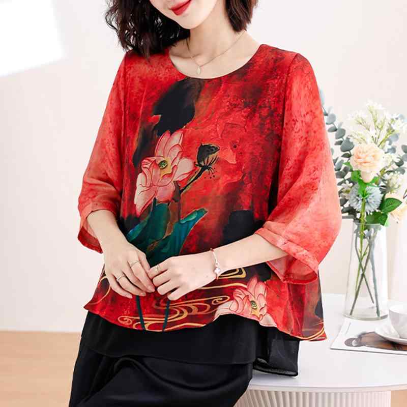 婦人服 セットアップ 上品 マダム レディース 夏 お 体型カバー 着痩せ おしゃれ 半袖 ラウンドネック トップス 2点