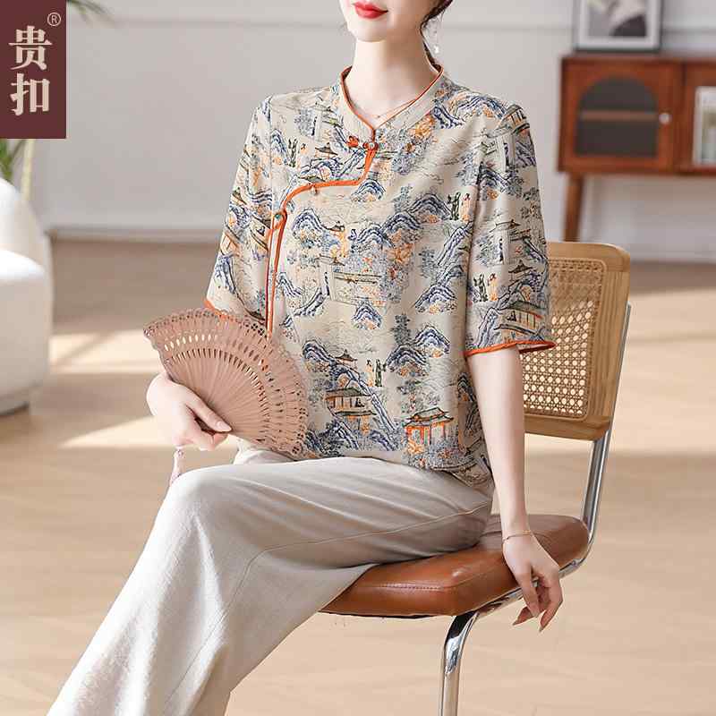 婦人服 ファッション レディース おしゃれ 上品 夏 半袖 Tシャツ 洋風 シフォンシャツ セットアップ 夏 チャイナ風 トップス