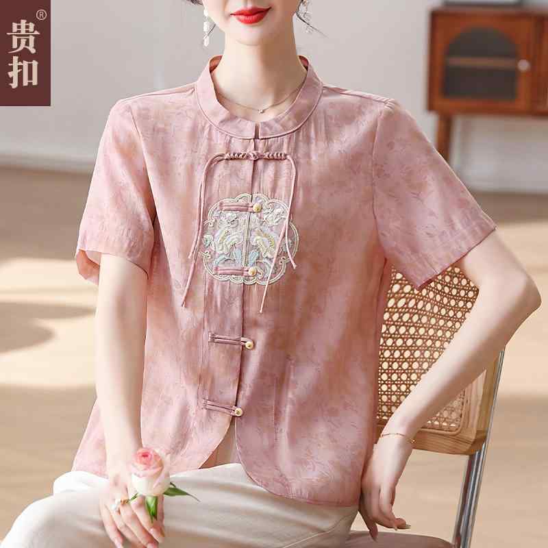 婦人服 セットアップ 上品 マダム レディース チャイナ風 夏 半袖 夏 小さめ シャツ 2点