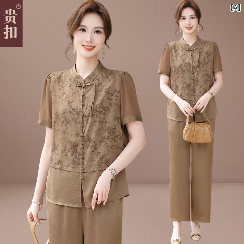 婦人服 ファッション 上品 おしゃれ レディース 淑女 夏 半袖 チャイナ スーツ 高貴 半袖 トップス 夏 セットアップ スーツ｜おうち健康生活