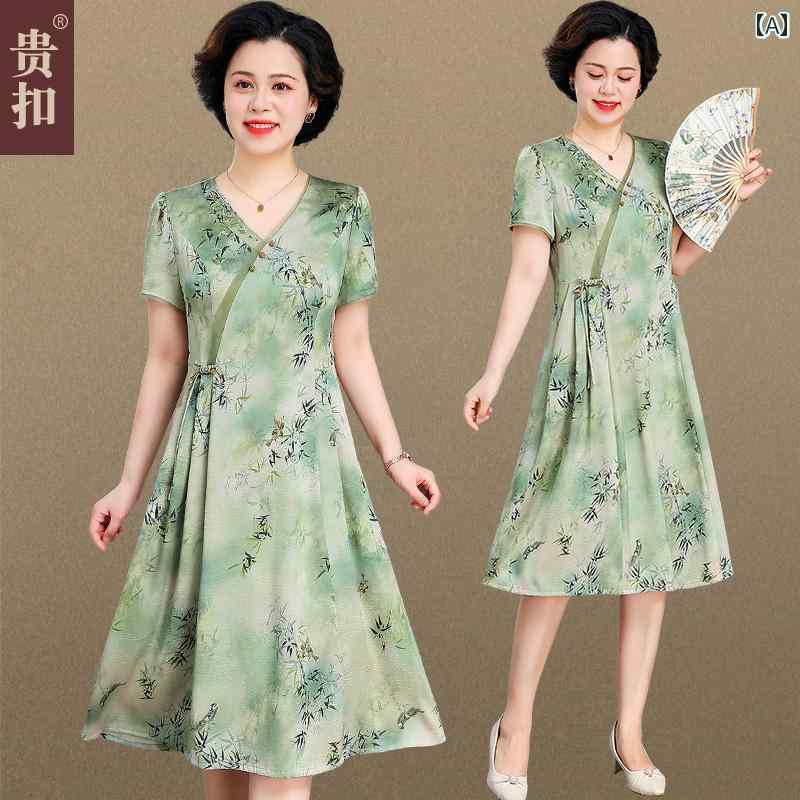 婦人服 ファッション 上品 おしゃれ レディース 淑女 チャイナ風 夏 ドレス 夏 ひんやり 涼しい 半袖 ロング スカート｜おうち健康生活