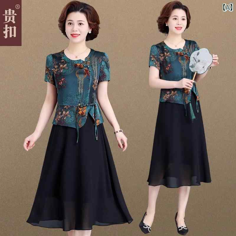 婦人服 ファッション 上品 おしゃれ レディース 淑女 夏 ドレス 裕福 フェイク セットアップ 夏 チャイナ ドレス スカート