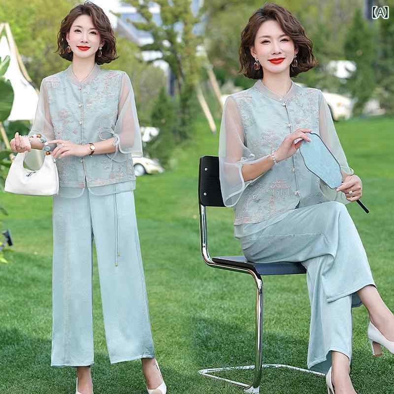 婦人服 ファッション 上品 おしゃれ レディース 淑女 夏 服 シフォン スーツ 七分袖 トップス 夏 セットアップ
