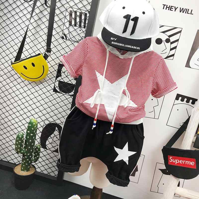 キッズ セットアップ 男の子 ファッション おしゃれ カジュアル ストライプ 半袖 女の子 夏 子供 フード コットン Tシャツ パンツ 2点 セット