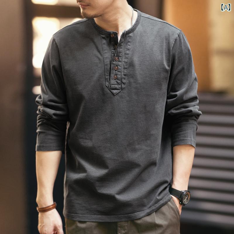 メンズ ファッション 春秋 タフ ヘンリー カラー シャツ トップス コットン レトロ 長袖 Tシャツ