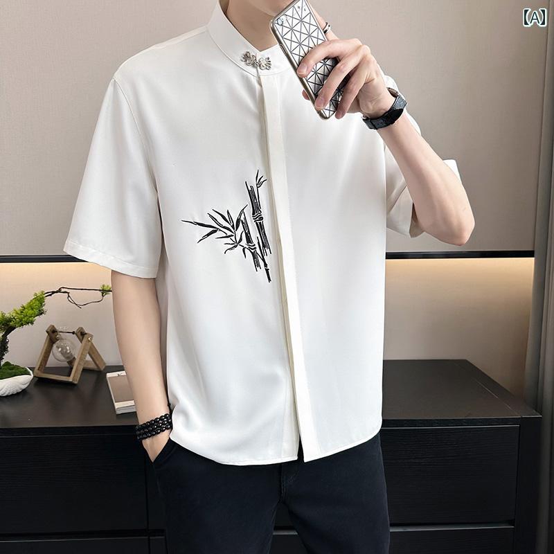 メンズ ファッション 半袖 シャツ 夏 トップス カジュアル チャイナ風 ひんやり チャイナ風 竹