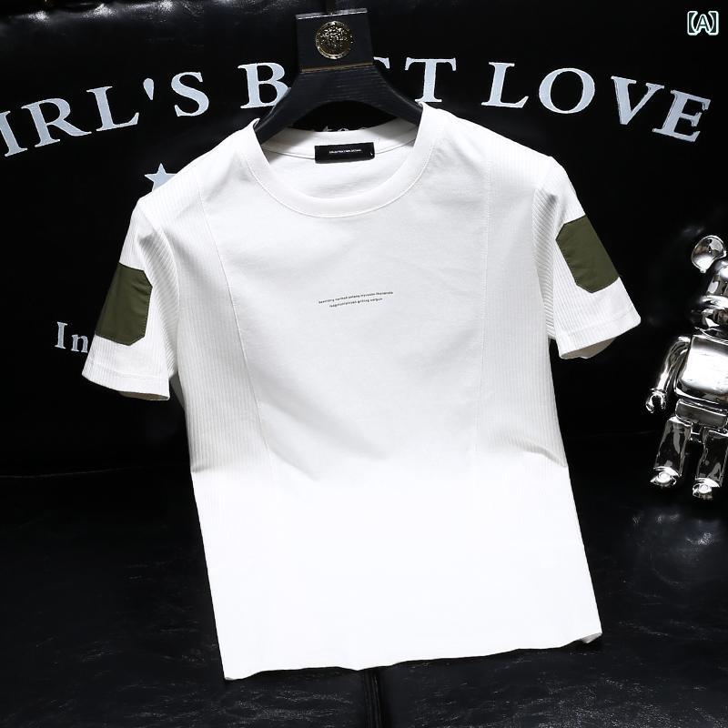 Tシャツ メンズ 半袖 夏 ラウンドネック 快適 紳士服 対照