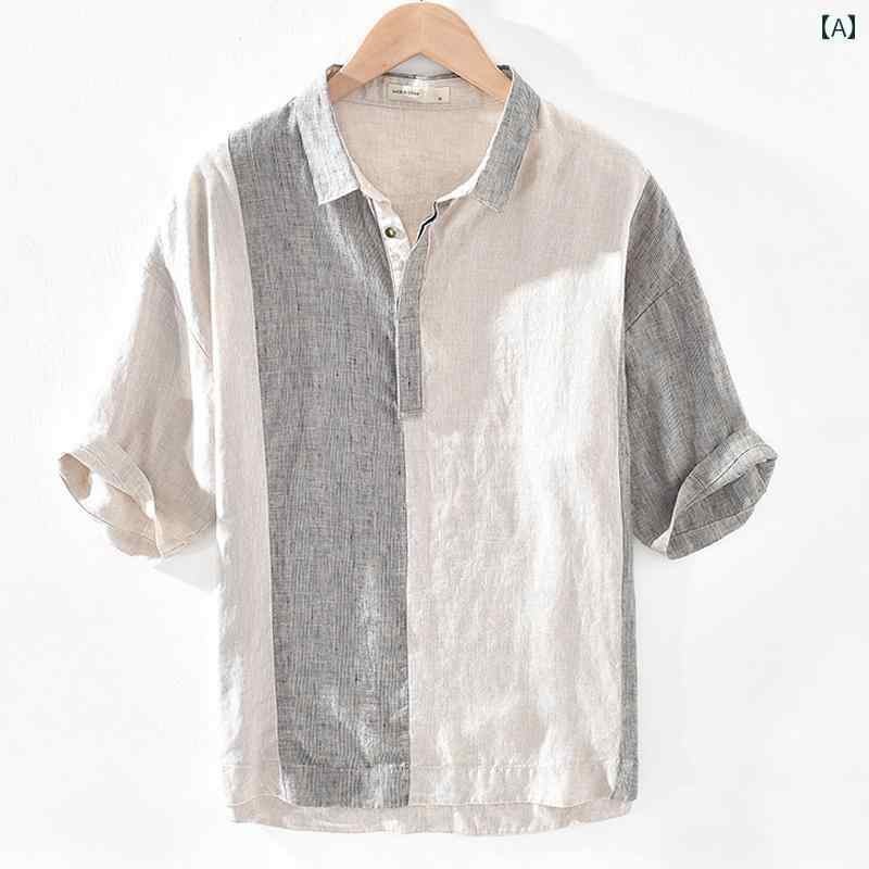 メンズ ファッション 半袖 シャツ 夏 トップス リネン Tシャツ パッチワーク ストライプ 七分袖 スリーブ レトロ コットンリネン 服
