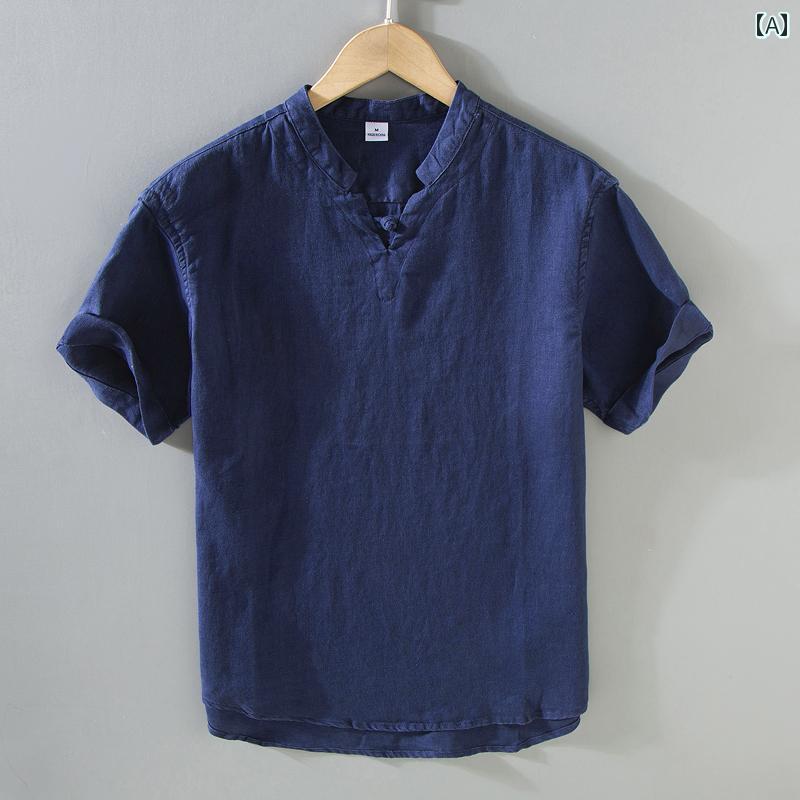 メンズ ファッション 半袖 シャツ 夏 トップス リネン Tシャツ 薄手 涼しい チャイナ風 ボタン ダウン 唐 スーツ スタンドカラー 綿 リネン