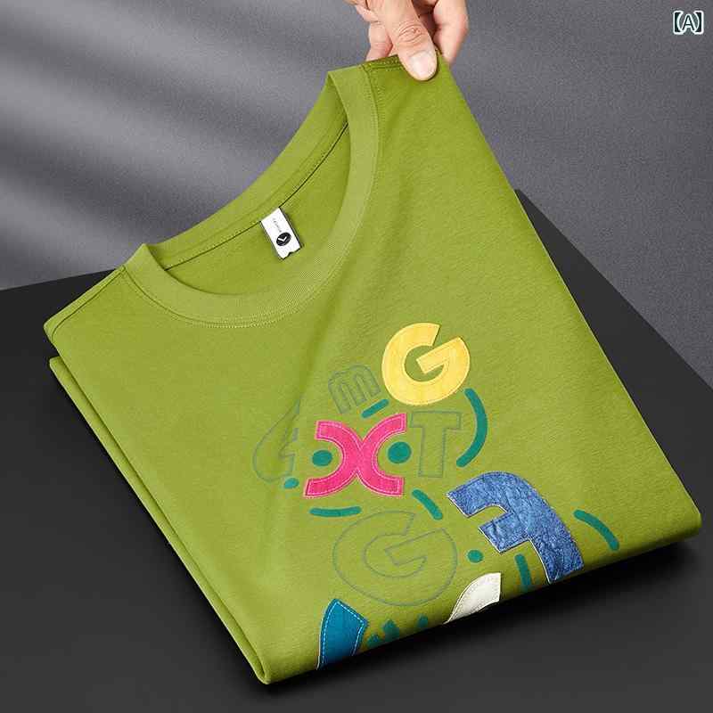 メンズ ファッション カラフル レター パッチ 刺繍 ラウンドネック Tシャツ 夏 薄手 涼しい 氷 シルケット コットン カジュアル 半袖 トップス