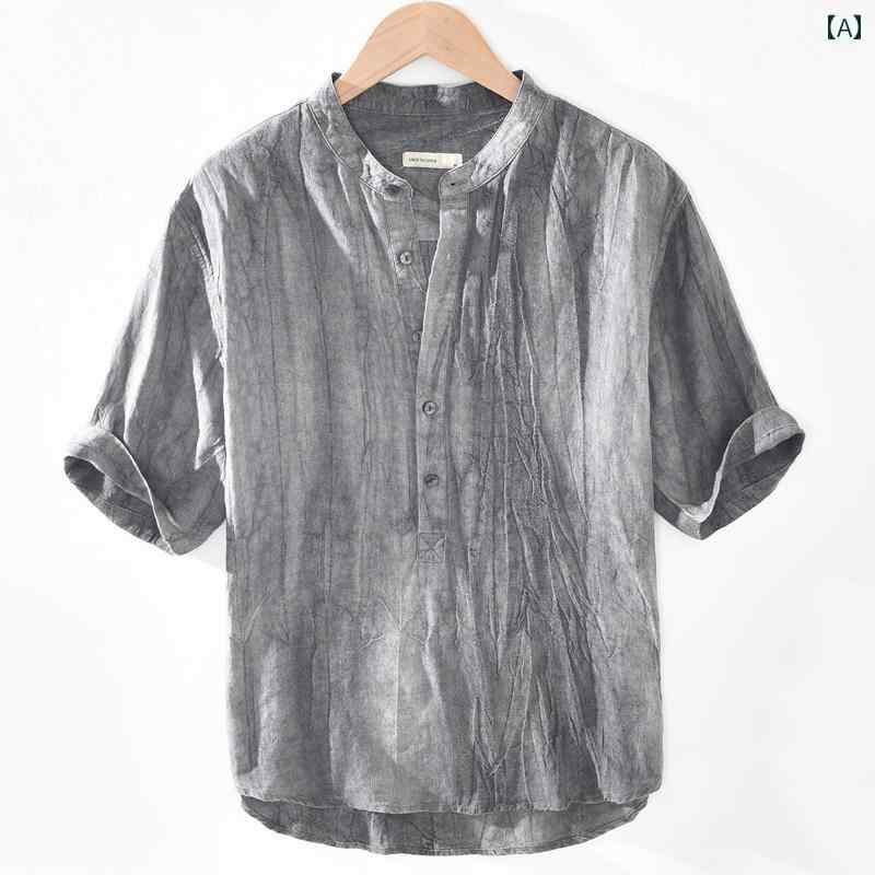 メンズ ファッション 半袖 シャツ 夏 トップス リネン Tシャツ カジュアル 七分袖 スリーブ レトロ コットンリネン