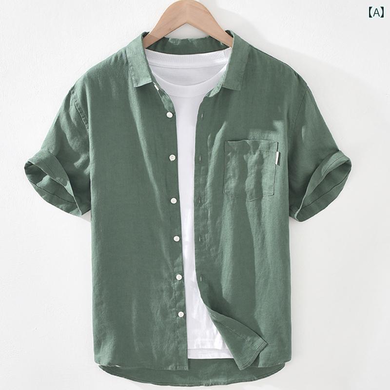 メンズ ファッション 半袖 シャツ 夏 トップス リネン 薄手 涼しい 通気性 快適 無地 綿 リネン Tシャツ